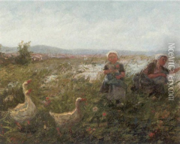 Zwei Hutemadchen Mit Ihren Gansen Auf Der Wiese Oil Painting - Cornelis Koppenol
