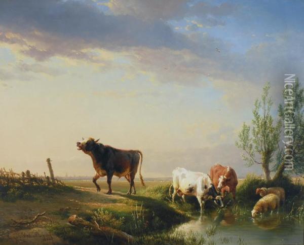 Scenery With Bull, Cows And Sheep Oil Painting - Eugene Joseph Verboeckhoven