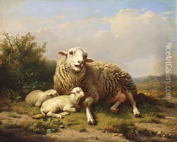 A Sheep And Two Lambs Resting In A Summer Landscape Oil Painting - Eugene Verboeckhoven