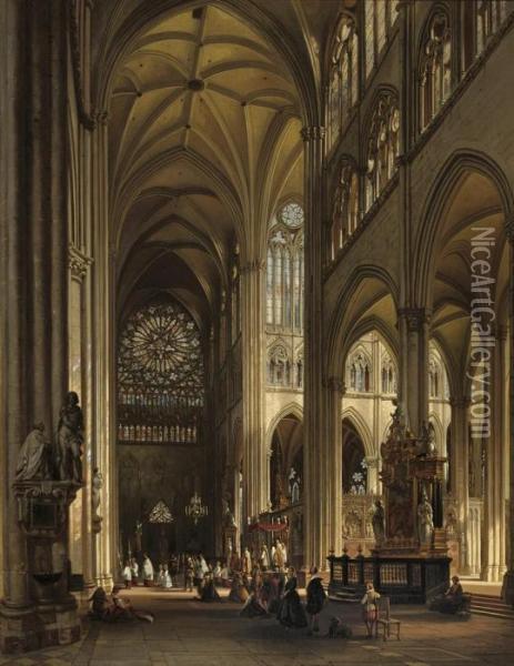 Interior Of The Amiens Cathedral With The Northern Transeptrose Oil Painting - Jules Victor Genisson