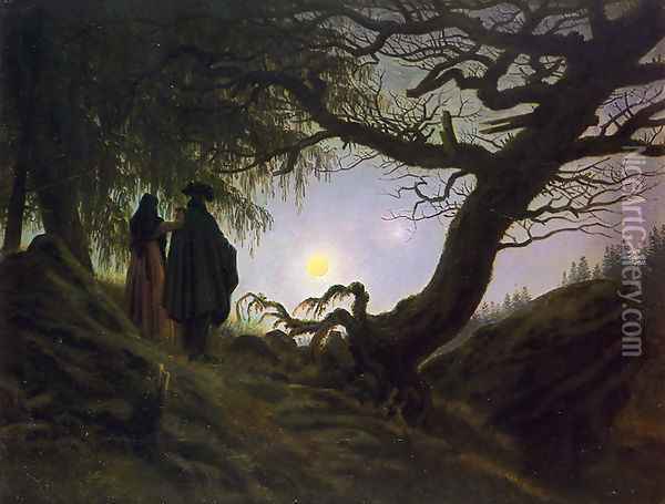 Man and Woman Contemplating the Moon c. 1824 Oil Painting - Caspar David Friedrich