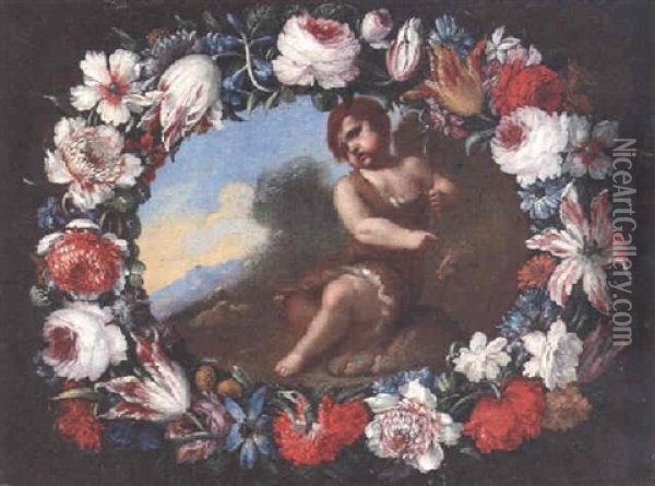 The Infant Saint John The Baptist Surrounded By A Garland Of Flowers Oil Painting - Mario Nuzzi