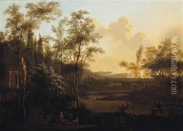 A Wooded River Landscape With A Huntsman At Rest Beside Classical Ruins Oil Painting - Frederick De Moucheron