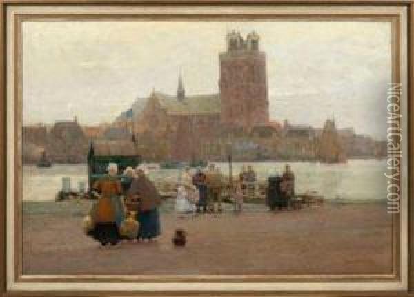 Belebter Kai Am Hafen Von Dordrecht Mit Blick Auf Die Grote Kerk Oil Painting - Hans Herrmann