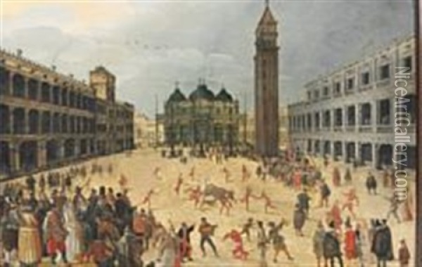 Carneval And Bull Fighting At Piazza San Marco Oil Painting - Louis de Caullery