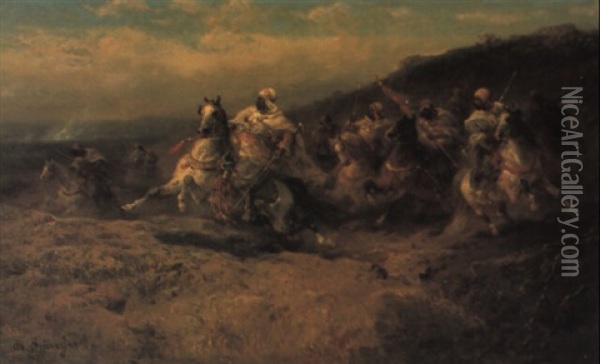 Arab Horsemen Charging Oil Painting - Adolf Schreyer