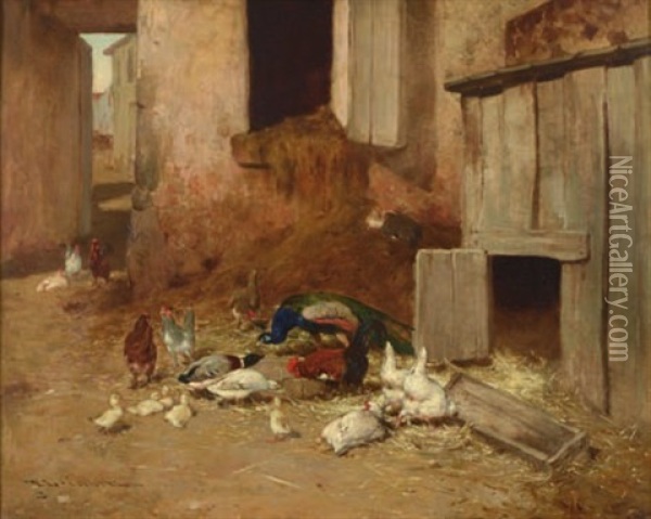 Scene De Basse Cour Avec Paon Et Canard Oil Painting - Philibert-Leon Couturier