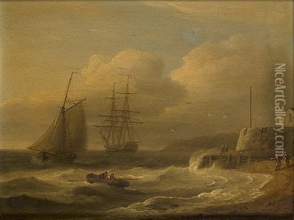 A Cutter Running Past Cowes 
Castle, Isle Of Wight, With An Anchored Brig Off The Mouth Of The Medina
 River Oil Painting - Thomas Luny