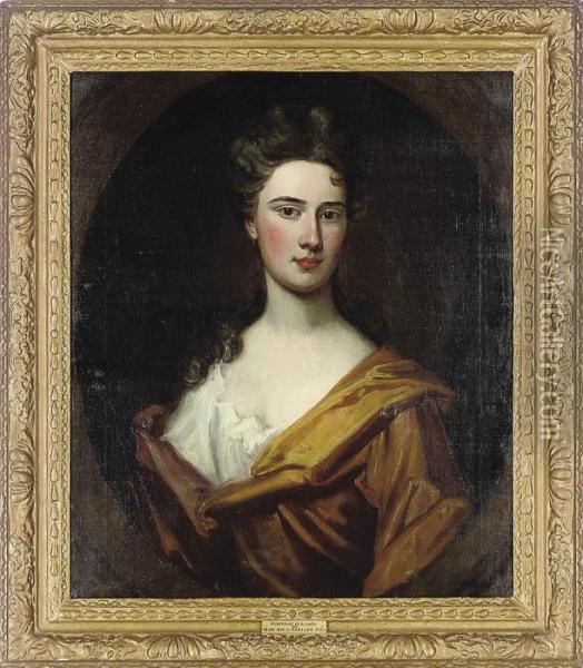 Portrait Of A Lady, Bust-length, In A Brown Dress Oil Painting - Sir Godfrey Kneller