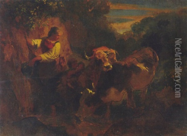 Hirten Und Knabe Mit Kuhen Und Schafen Oil Painting - Johann Rudolf Koller