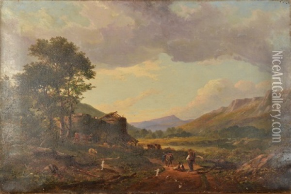 Figures In A Valley Landscape Oil Painting - William (of Plymouth) Williams