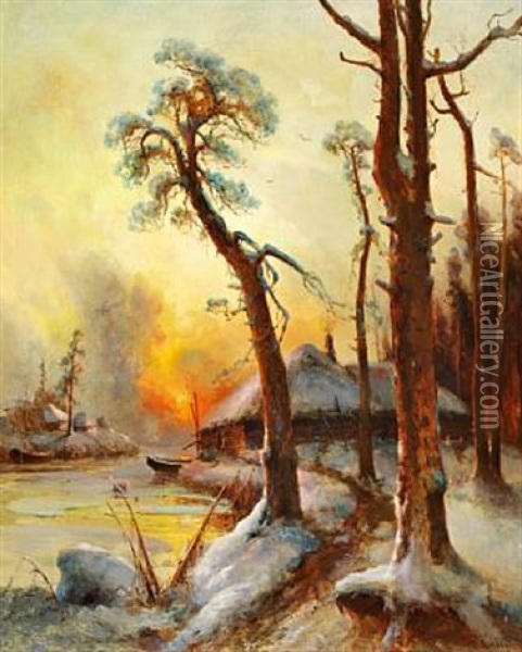 Russian Winter Landscape At Sunset With A Hut By A River Oil Painting - Yuliy Yulevich (Julius) Klever