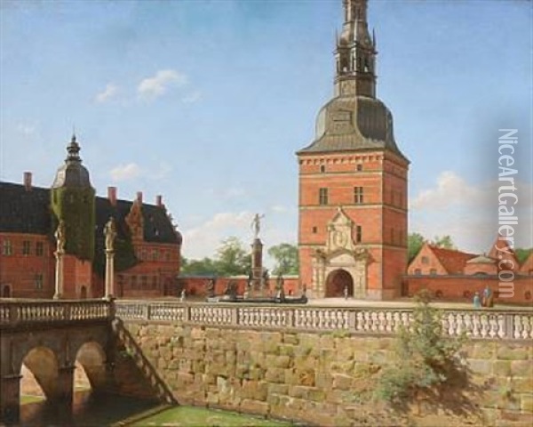 Den Ydre Slotsgard Med Porttarnet Og Springvandet. Frederiksborg Oil Painting - Karl Jensen