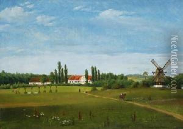 Danischer Gutshof Mit Windmuhle Oil Painting - Frederick Christian Lund