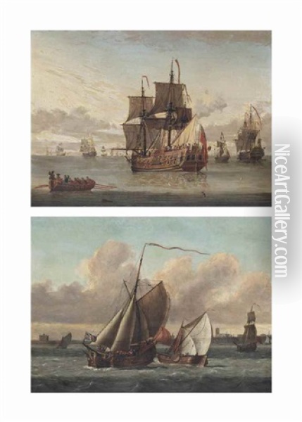 The Royal Yacht Carolina Drifting Into An Anchorage With Dignitaries Being Rowed Out To Meet Her; And An Admiralty Yacht In Crowded Waters In A Stiff Breeze Off Gravesend Oil Painting - L. De Man