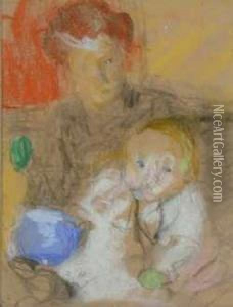 Mere Et Enfant Au Bol Bleu Oil Painting - Beatrice Julia How