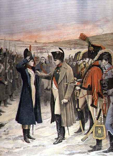 Napoleon Bonaparte 1769-1821 presenting the female officer, Marie Schellinck with a medal on the battlefield, illustration from Le Petit Journal, September 1894 Oil Painting - Lionel Noel Royer