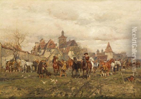 Leading The Horses Oil Painting - Wilhelm Velten