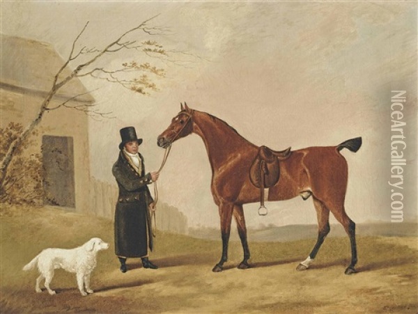 A Bay Hunter With His Groom Oil Painting - Edwin Cooper
