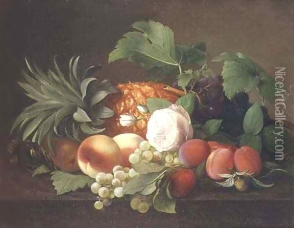 Still life with pineapple, peaches, plums and grapes Oil Painting - Alfrida Vilhelmine Ludovica Baadsgaard