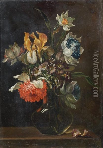 An Iris, Auriculas And Other Flowers In A Glass Vase On A Table-top In A Carved Frame Oil Painting - Antoine Monnoyer