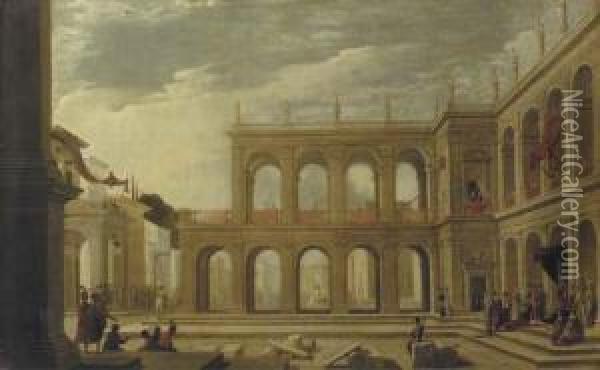 A Classical Palace With Elegant Figures In A Piazza Oil Painting - Jacobus Saeys