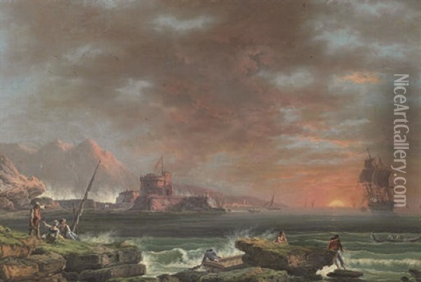 A Coastal Scene At Sunset With A Fort Beyond Oil Painting - Francesco Fidanza