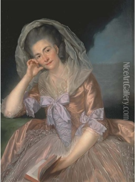 Portrait Of Elizabeth Hervey, Wife Of The 4th Earl Of Bristol, Three-quarter-length, Seated In A Salmon Pink Dress With Lilac Bows, The Giant's Causeway, Co. Antrim Beyond Oil Painting - Anton von Maron