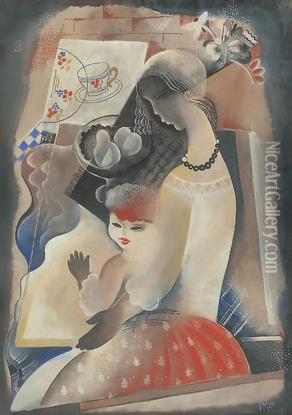 Young Woman with Child 1930s Oil Painting - Aurel Bernath