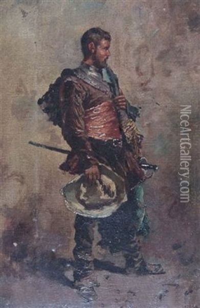 An Army Officer In 17th Century Costume Standing Askance With Hat In One Hand Oil Painting - Francesco Peluso
