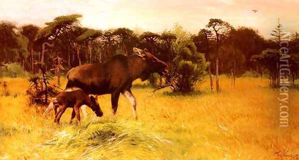 Moose with her Calf in a Landscape Oil Painting - Wilhelm Kuhnert