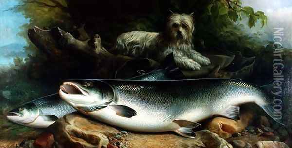 Guarding the Days Catch a Skye Terrier with a Cock and Hen Salmon Oil Painting - John Russell