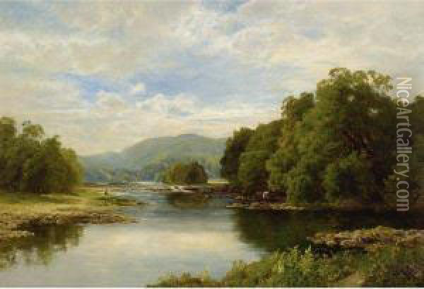 On The Derwent, Cumberland, Silver Summer Oil Painting - John Clayton Adams