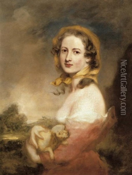 Portrait Of A Lady, Half-length, In A Red Dress And A Yellow Scarf, Holding A Dog, A Landscape Beyond Oil Painting - William Bradley
