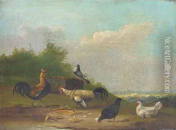 Hens and a pigeon in a landscape Oil Painting - Franz van Severdonck