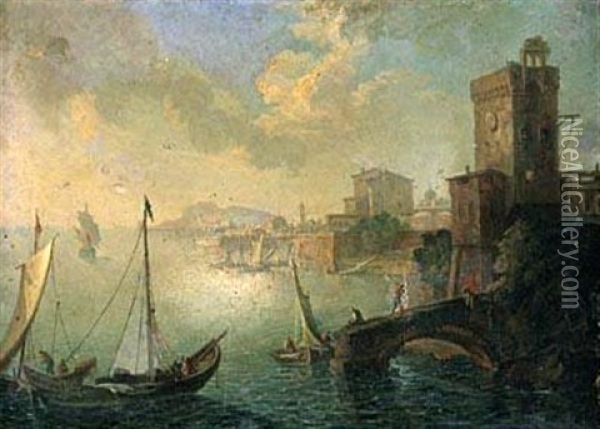 Paesaggio Costiero Con Barche E Pescatore Oil Painting - Paolo Anesi