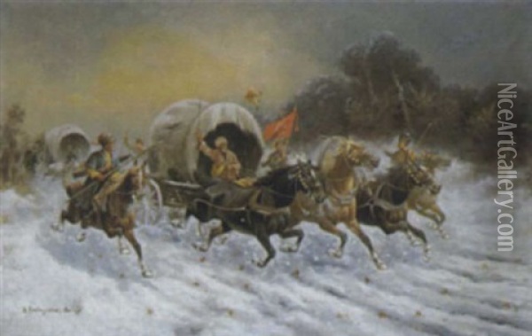 Kossakentrupp In Winterlandschaft Oil Painting - Adolf (Constantin) Baumgartner-Stoiloff