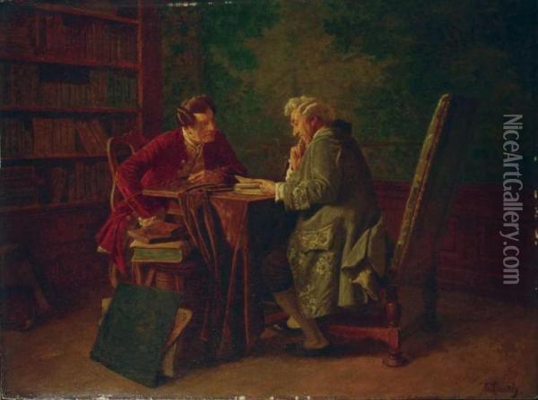 Konversation Zweier Herren In Einer Bibliothek. Oil Painting - Wilhelm Lowith