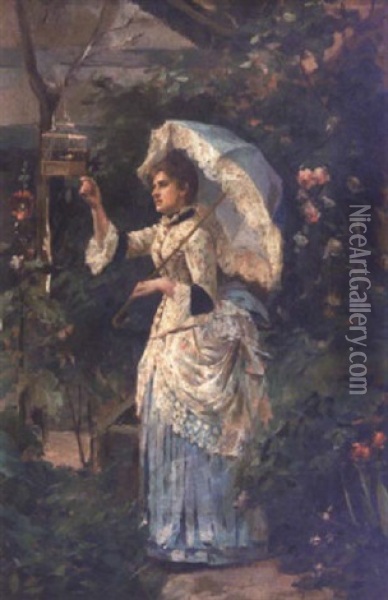 Elegante A L'ombrelle Oil Painting - Jose y Morell Arburu