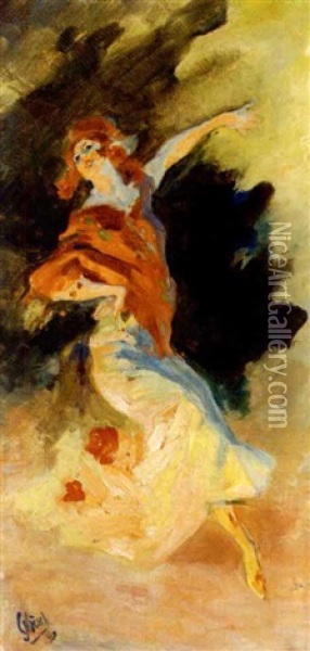 Danseuse Au Chale Rouge Oil Painting - Jules Cheret