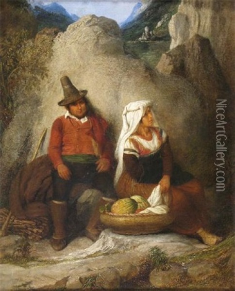 Spanish Figures Resting By A Rock Oil Painting - Edward Villiers Rippingille
