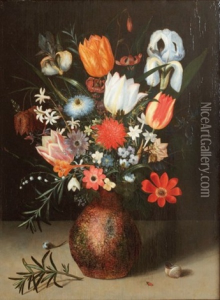 Nature Morte Au Bouquet De Fleurs Dispose Sur Un Entablement Oil Painting - Pieter Binoit