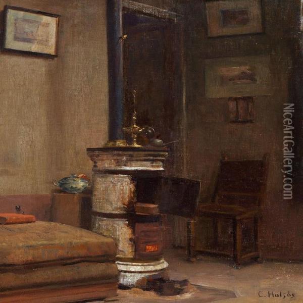 Interior With An Open Stove Oil Painting - Carl Vilhelm Holsoe