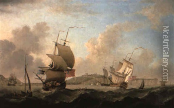 British Men-o'-war And Other Shipping In A Stiff Breeze Off Dover Oil Painting - Thomas Luny