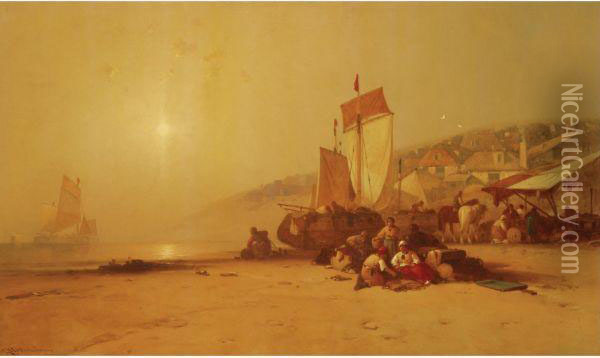 Peasants On A Beach Oil Painting - George Washington Nicholson