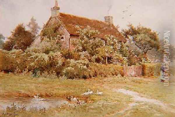 A Woman and Ducks near a Cottage in Summer Oil Painting - Elliot Henry Marten