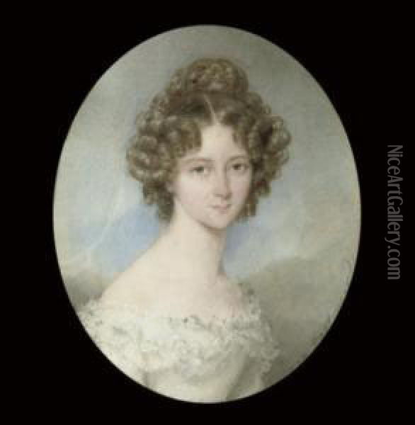 A Young Lady Called Countess 
Leopoldine Apponyi, In White Dress With Double Ruffle, A Plait In Her 
Curling Hair; Sky Background Oil Painting - Moritz Michael Daffinger