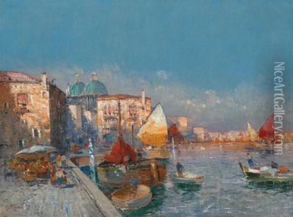 View Of A Southern Harbour Oil Painting - Georg Fischof