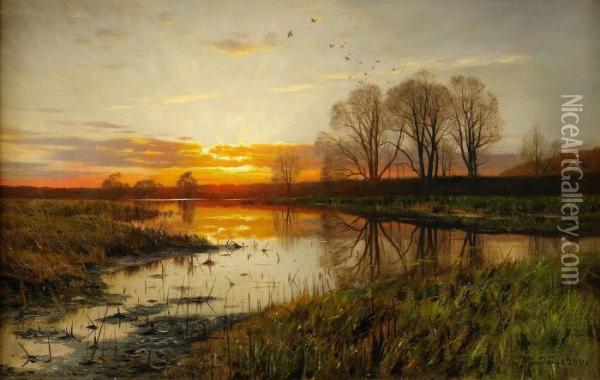 Solnedgang Over Vattendrag Oil Painting - Peder Mork Monsted
