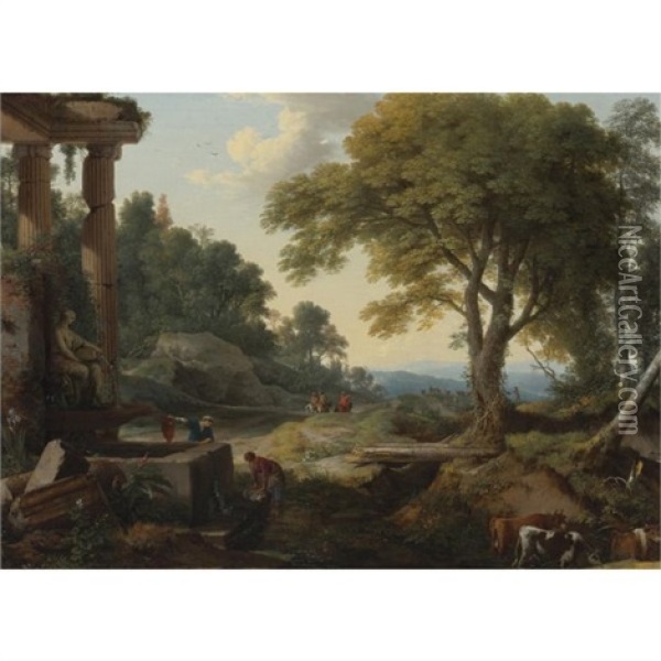 Landscape With Two Women At A Fountain, A Herd Of Cows At A Stream And Travellers On Horseback Oil Painting - Laurent de (LaHyre) LaHire